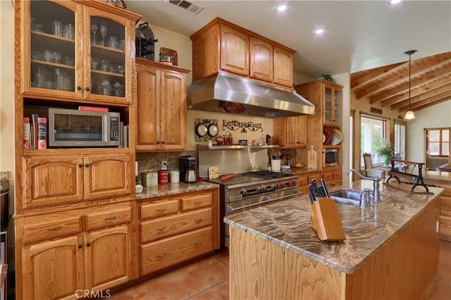 kitchen with visible vents, stainless steel appliances, under cabinet range hood, a sink, and stone countertops
