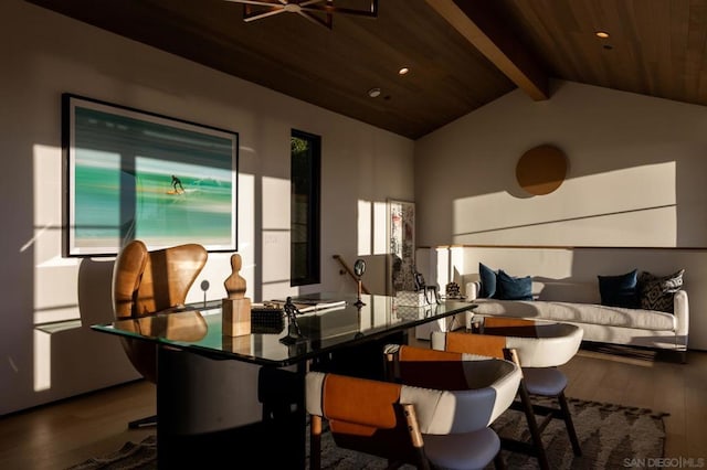 dining area featuring wood-type flooring, wood ceiling, and lofted ceiling with beams