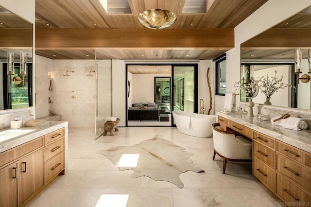 bathroom featuring vanity, plus walk in shower, tile patterned flooring, and wooden ceiling