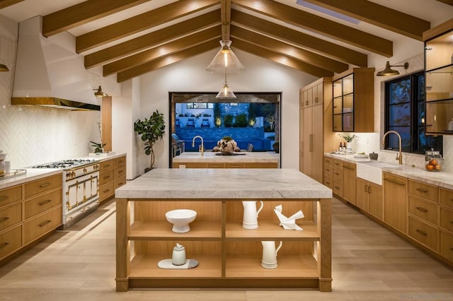 kitchen featuring backsplash, a kitchen island, light wood-type flooring, custom exhaust hood, and stainless steel range