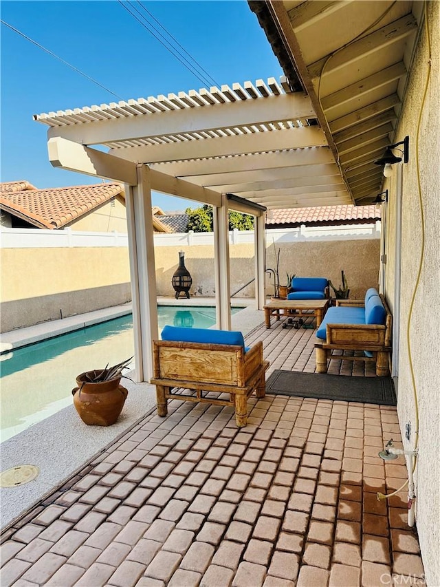 view of patio with an outdoor hangout area, a pergola, and a fenced in pool