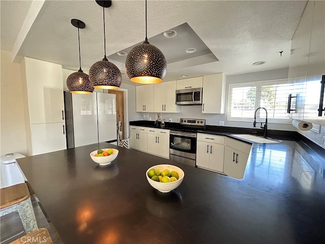 kitchen with hanging light fixtures, sink, stainless steel appliances, and a raised ceiling