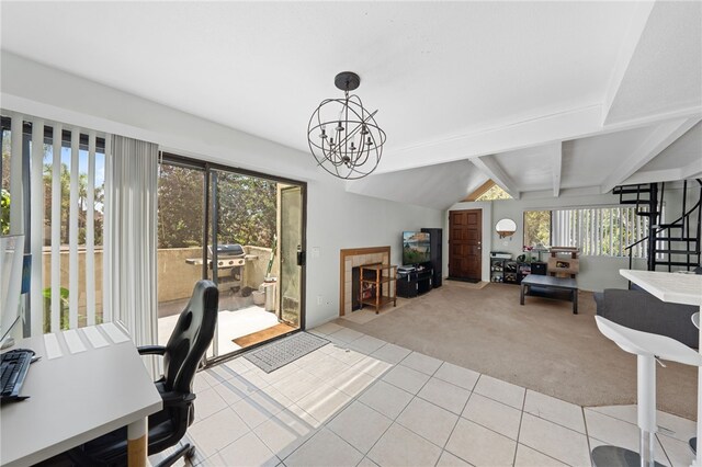 carpeted office with lofted ceiling with beams and a notable chandelier