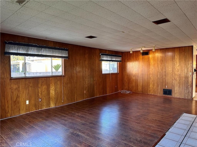 empty room with wooden walls, rail lighting, dark hardwood / wood-style floors, and a healthy amount of sunlight