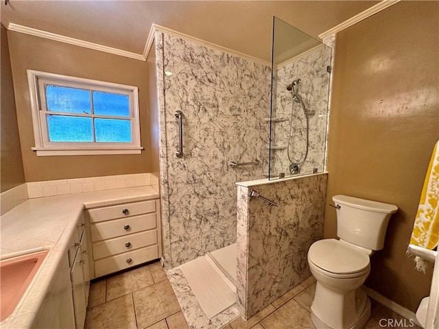 bathroom featuring a tile shower, tile patterned flooring, toilet, vanity, and ornamental molding