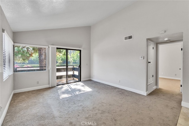 unfurnished room featuring high vaulted ceiling, a textured ceiling, and light colored carpet