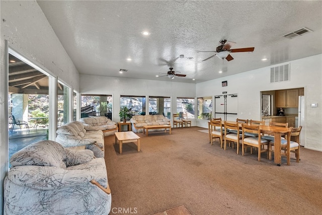 living room featuring a textured ceiling, carpet floors, and ceiling fan