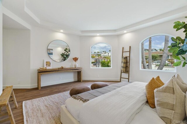 bedroom featuring multiple windows, a tray ceiling, and hardwood / wood-style flooring