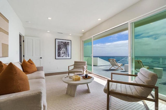 living room featuring a water view and wood-type flooring