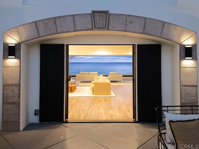 view of patio terrace at dusk