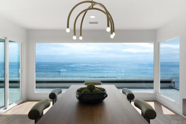 dining space featuring a water view and light hardwood / wood-style floors