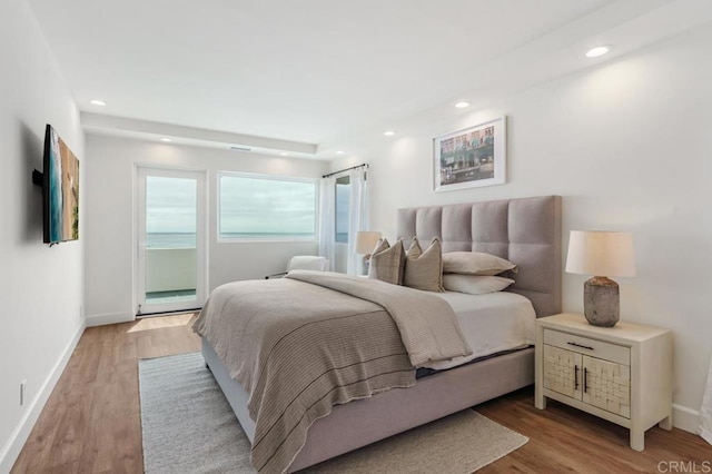 bedroom featuring light hardwood / wood-style floors and access to exterior