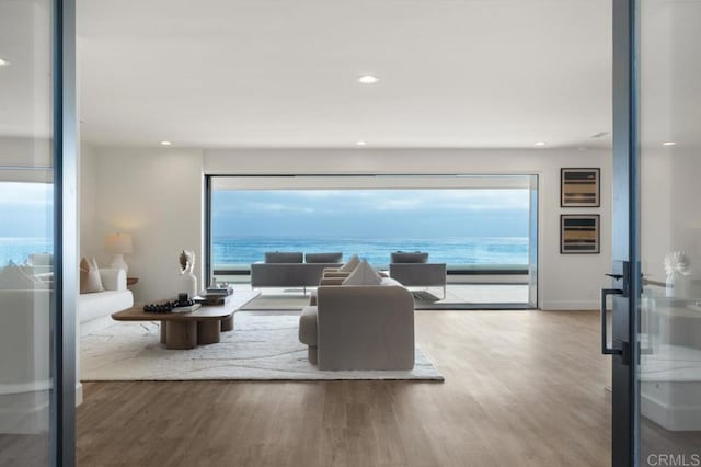 living room with a water view and wood-type flooring