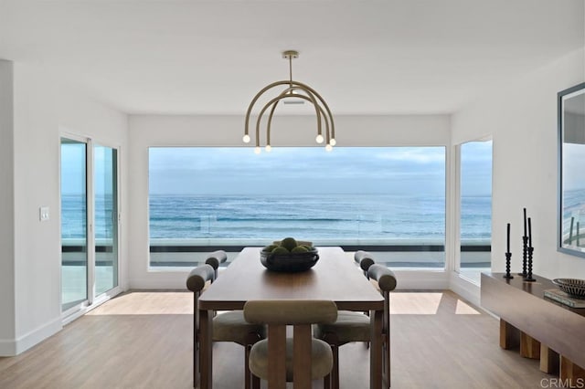 dining room with a water view, light hardwood / wood-style floors, and a beach view