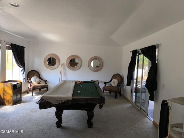 game room with light colored carpet and billiards