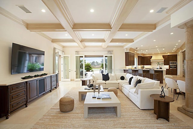 tiled living room featuring beamed ceiling, crown molding, coffered ceiling, and decorative columns