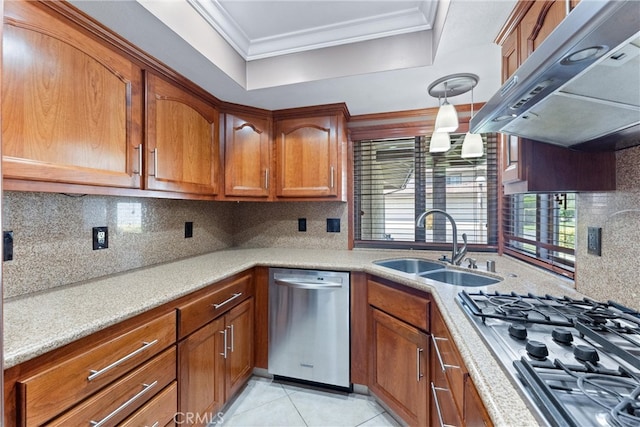 kitchen featuring backsplash, light tile patterned floors, stainless steel appliances, crown molding, and extractor fan