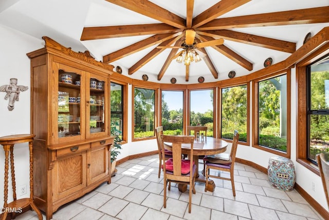 sunroom / solarium featuring lofted ceiling with beams, ceiling fan, and a healthy amount of sunlight