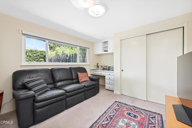 living room featuring light carpet