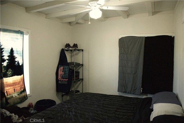 bedroom featuring beam ceiling and ceiling fan