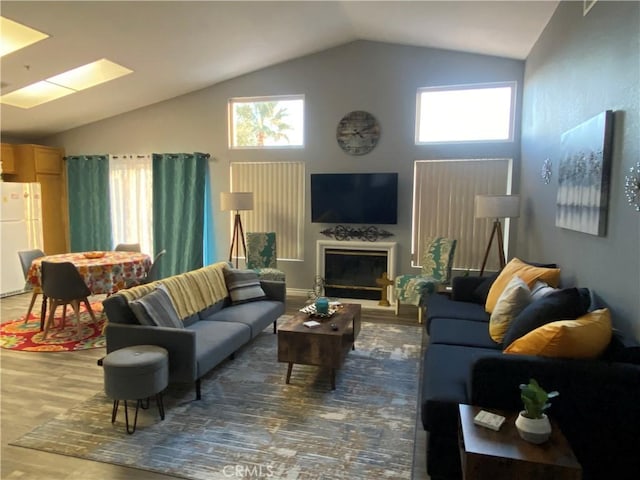 living room featuring dark wood-type flooring, a healthy amount of sunlight, and vaulted ceiling