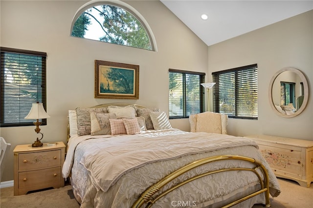 bedroom with carpet and high vaulted ceiling