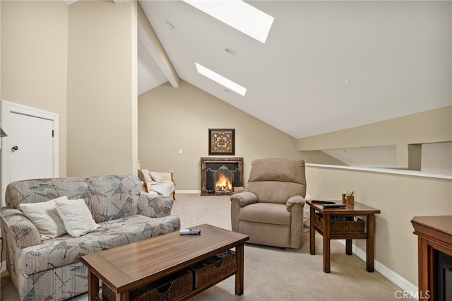 living room featuring light colored carpet and lofted ceiling with skylight