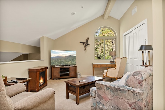 carpeted living room with vaulted ceiling with beams