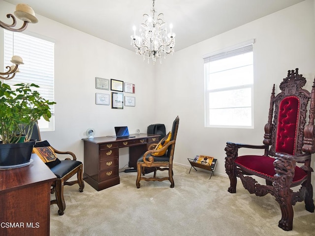 office area with light colored carpet and a chandelier