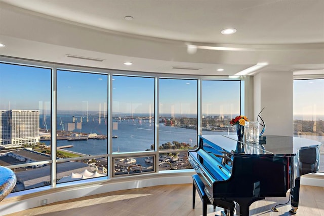 miscellaneous room featuring light hardwood / wood-style flooring and a water view