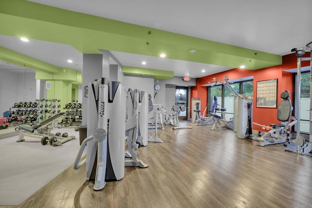 exercise room with light hardwood / wood-style flooring and plenty of natural light