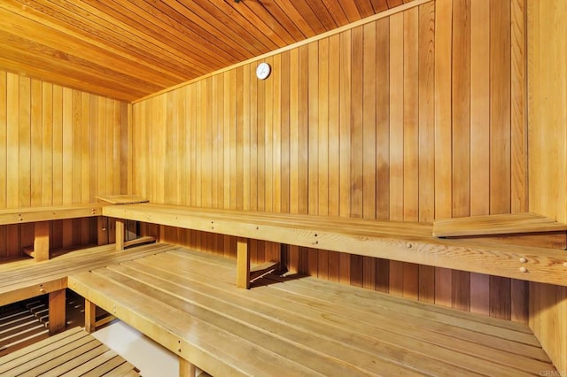 view of sauna featuring wood walls