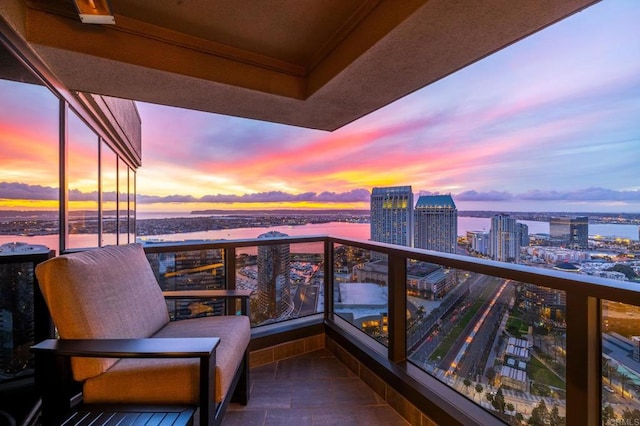 balcony at dusk with a water view