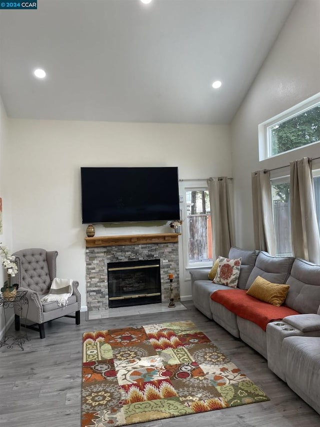 living room with hardwood / wood-style flooring, a fireplace, and high vaulted ceiling