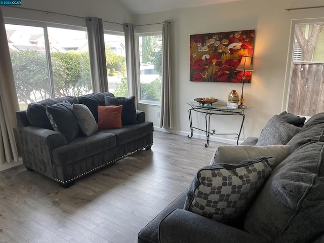 living room featuring hardwood / wood-style flooring and vaulted ceiling