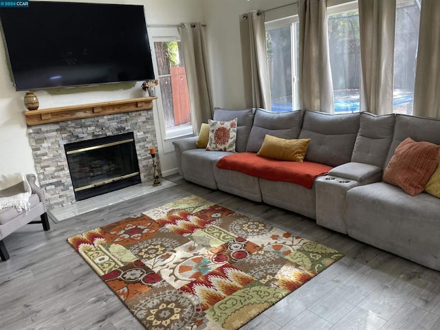 living room featuring a fireplace, a wealth of natural light, and light hardwood / wood-style flooring