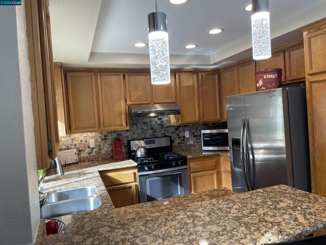 kitchen with backsplash, sink, hanging light fixtures, a tray ceiling, and stainless steel appliances