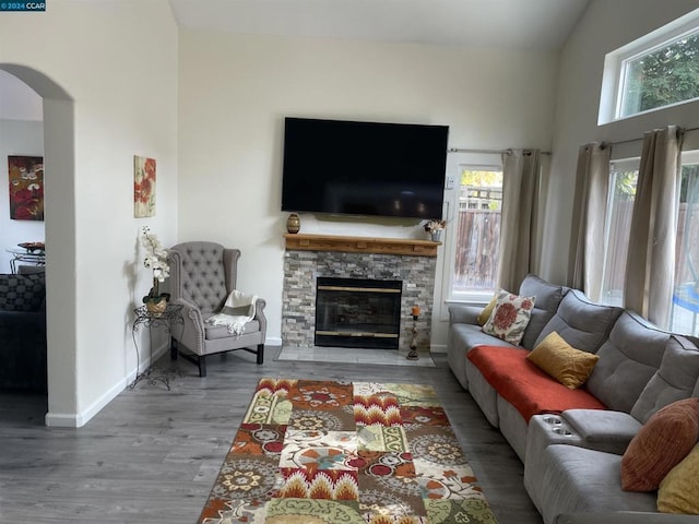 living room featuring hardwood / wood-style floors, a fireplace, and high vaulted ceiling