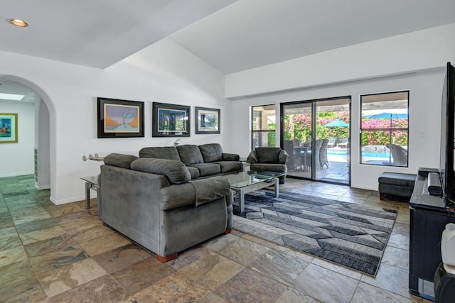 living room with plenty of natural light and lofted ceiling