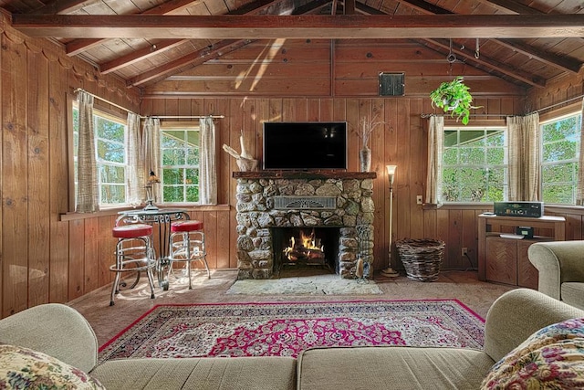 living room featuring wooden walls, a stone fireplace, and a healthy amount of sunlight