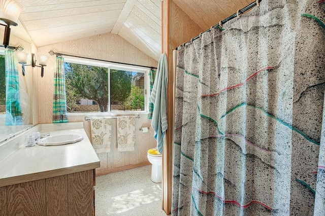 bathroom featuring vanity, toilet, wooden ceiling, and vaulted ceiling