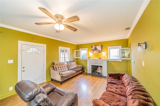 living room with ceiling fan, a fireplace, ornamental molding, and a wealth of natural light