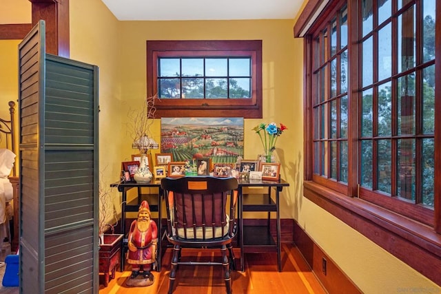 dining space with wood-type flooring