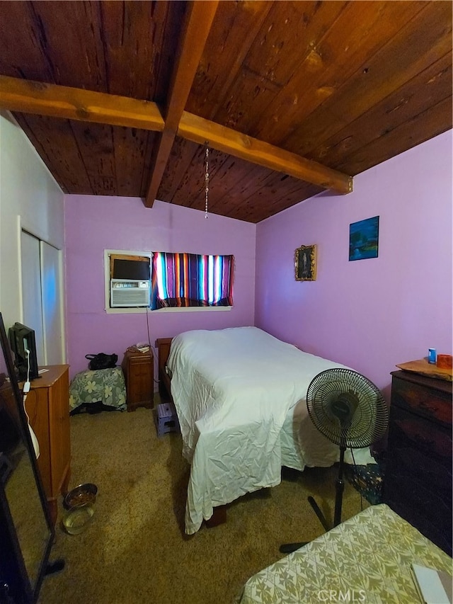 bedroom with vaulted ceiling with beams, wood ceiling, and carpet flooring