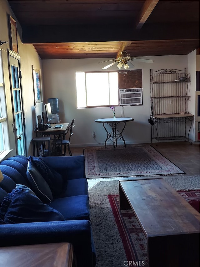 living room featuring wooden ceiling, cooling unit, beamed ceiling, and ceiling fan