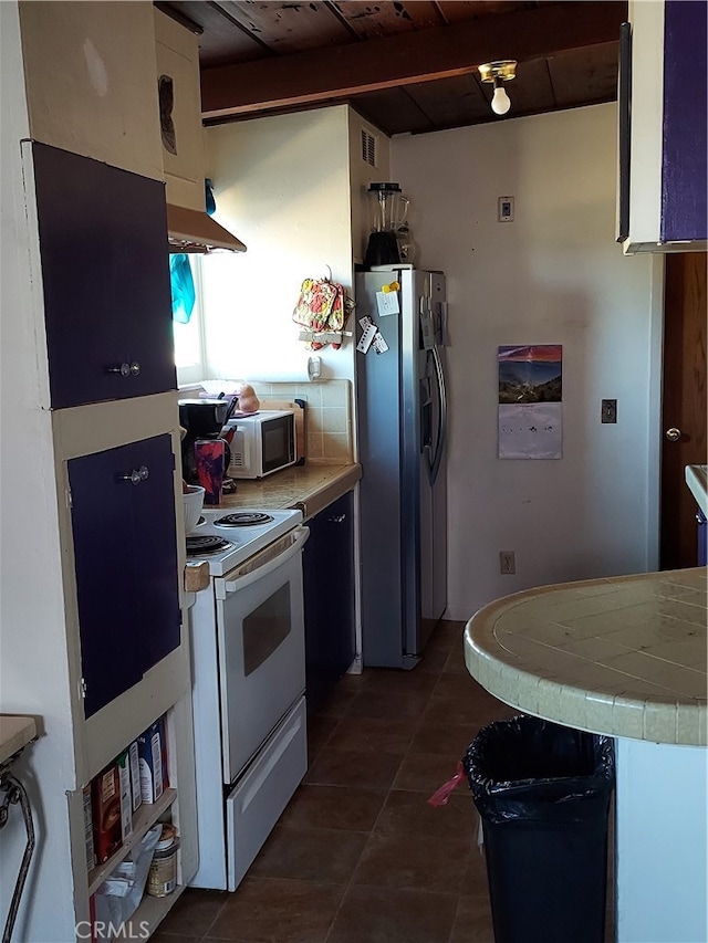 kitchen with dark tile patterned flooring, white appliances, white cabinetry, wooden ceiling, and range hood