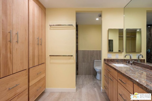 bathroom with wood-type flooring, vanity, and toilet