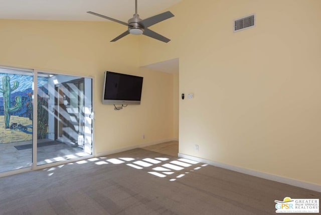 unfurnished living room featuring carpet flooring, ceiling fan, and high vaulted ceiling