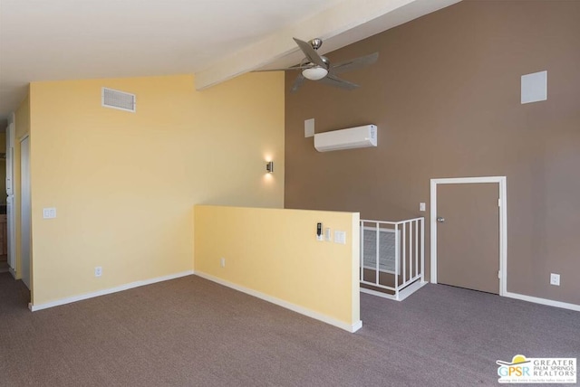 carpeted spare room with beam ceiling, high vaulted ceiling, an AC wall unit, and ceiling fan