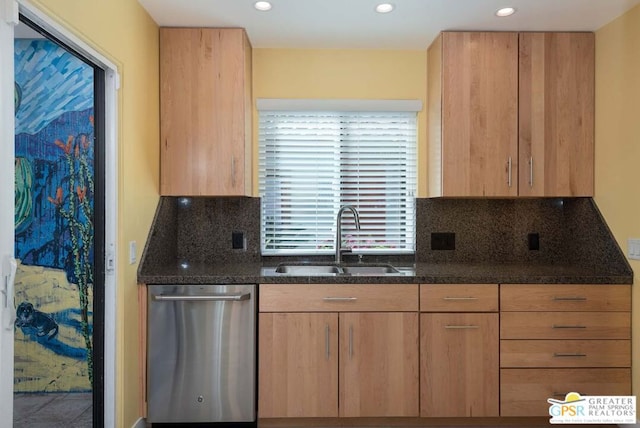 kitchen featuring dark stone counters, backsplash, sink, and stainless steel dishwasher